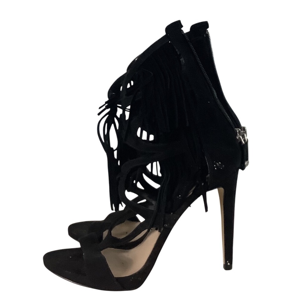 Guess Black Suede Fringe Cage Sandals Stiletto Heels Tassel Back Zip Size 7M